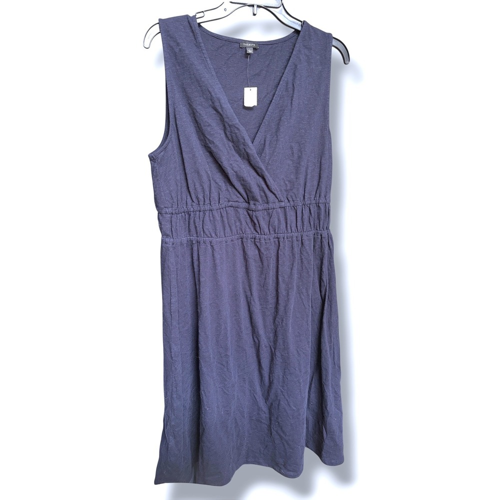 Talbots Dress Navy Blue Surplice Smocked Waist Sleeveless Cotton Knit Size L‎